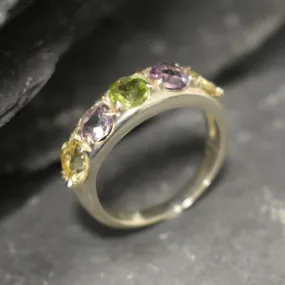 Thick Mutistone Band - Wide Birthstone Band, Peridot Amethyst Citrine Ring