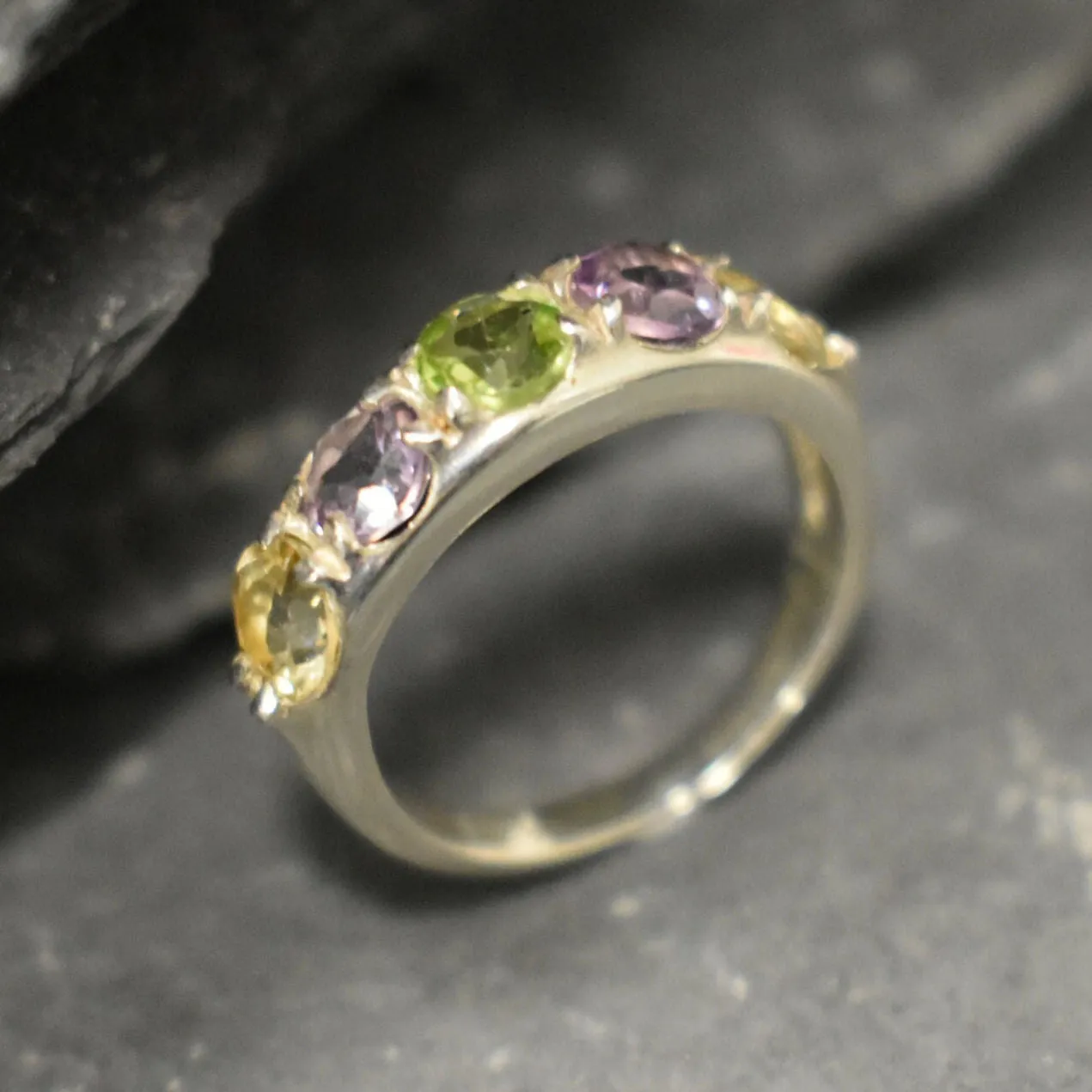 Thick Mutistone Band - Wide Birthstone Band, Peridot Amethyst Citrine Ring