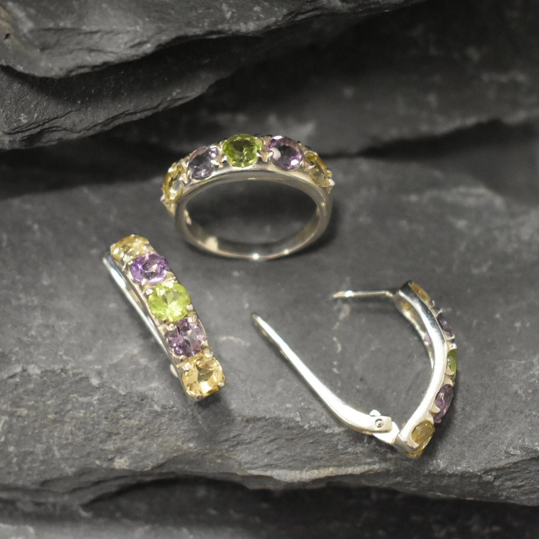 Thick Mutistone Band - Wide Birthstone Band, Peridot Amethyst Citrine Ring