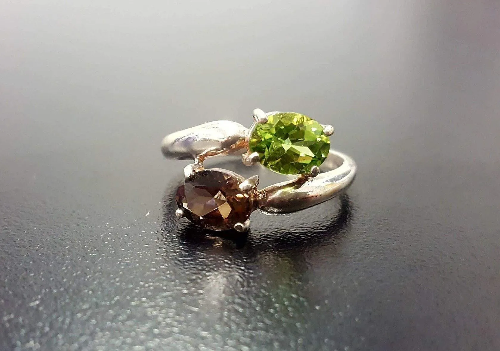 Topaz Silver Ring - Two Stone Ring - Green Bypass Ring