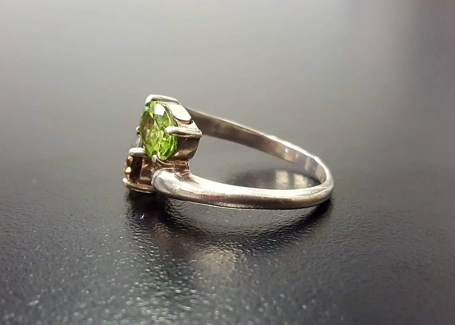 Topaz Silver Ring - Two Stone Ring - Green Bypass Ring