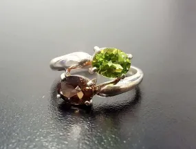 Topaz Silver Ring - Two Stone Ring - Green Bypass Ring