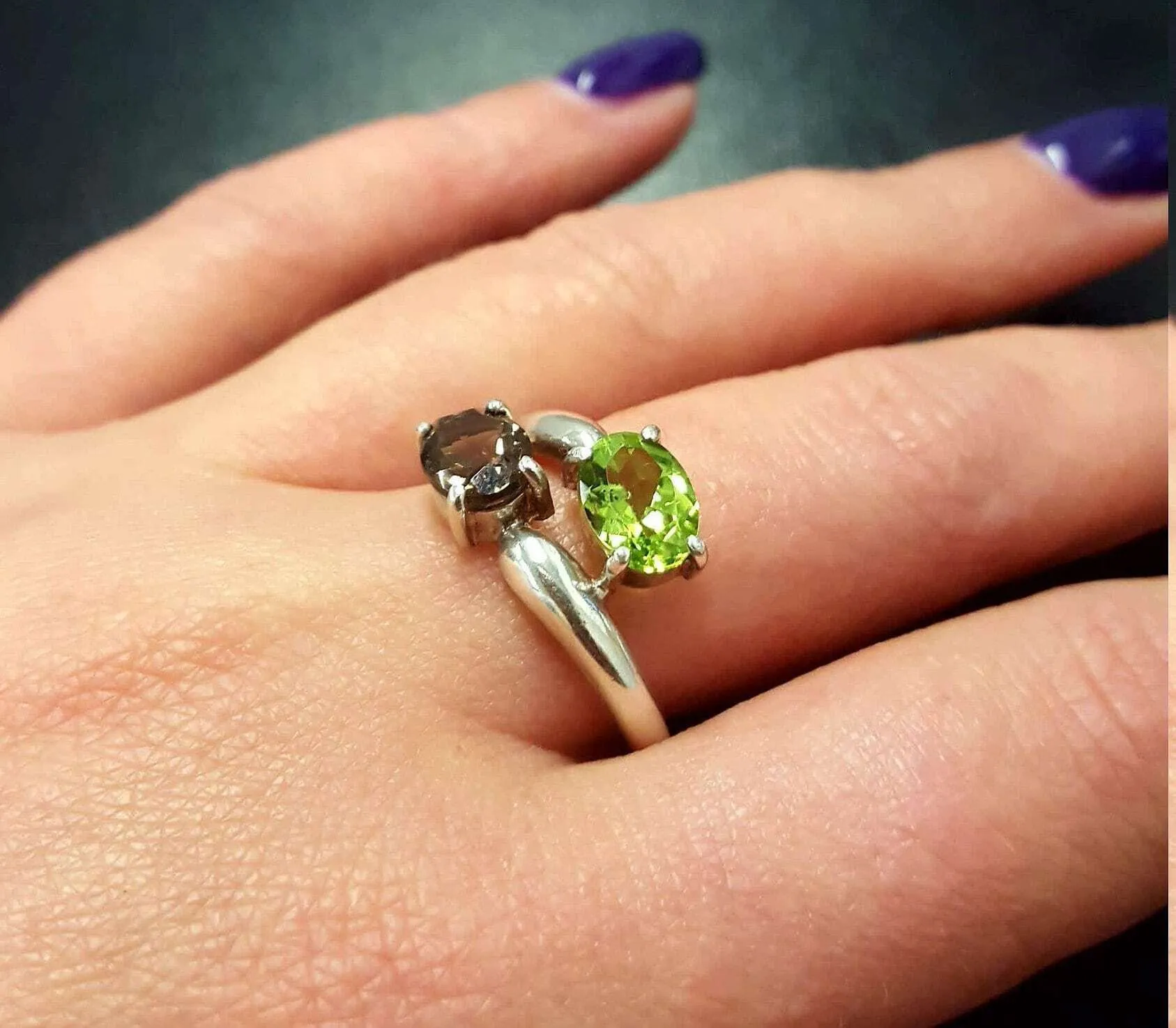 Topaz Silver Ring - Two Stone Ring - Green Bypass Ring