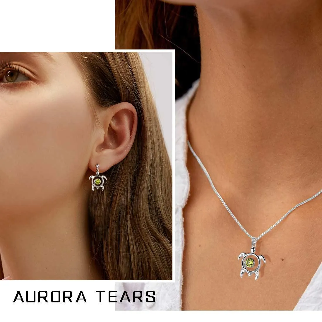 Turtle Birthstone August Peridot Jewelry Set 3PCS Women Girls Birthday Gift