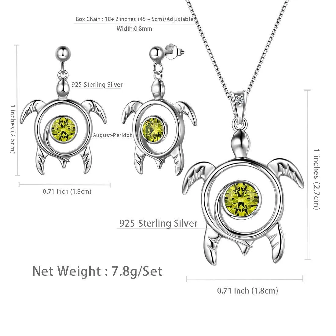 Turtle Birthstone August Peridot Jewelry Set 3PCS Women Girls Birthday Gift