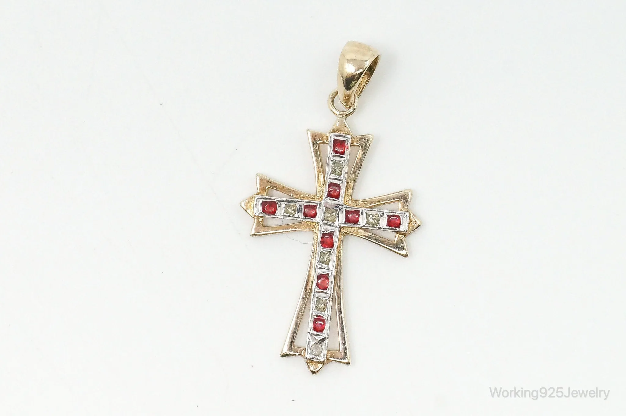 Vintage Designer SLC Ruby Rhinestone Gold Vermeil Cross Sterling Silver Pendant