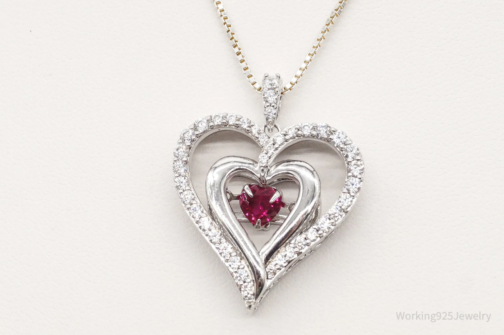 Vintage Designer SUN Ruby Cubic Zirconia Heart Sterling Silver Necklace