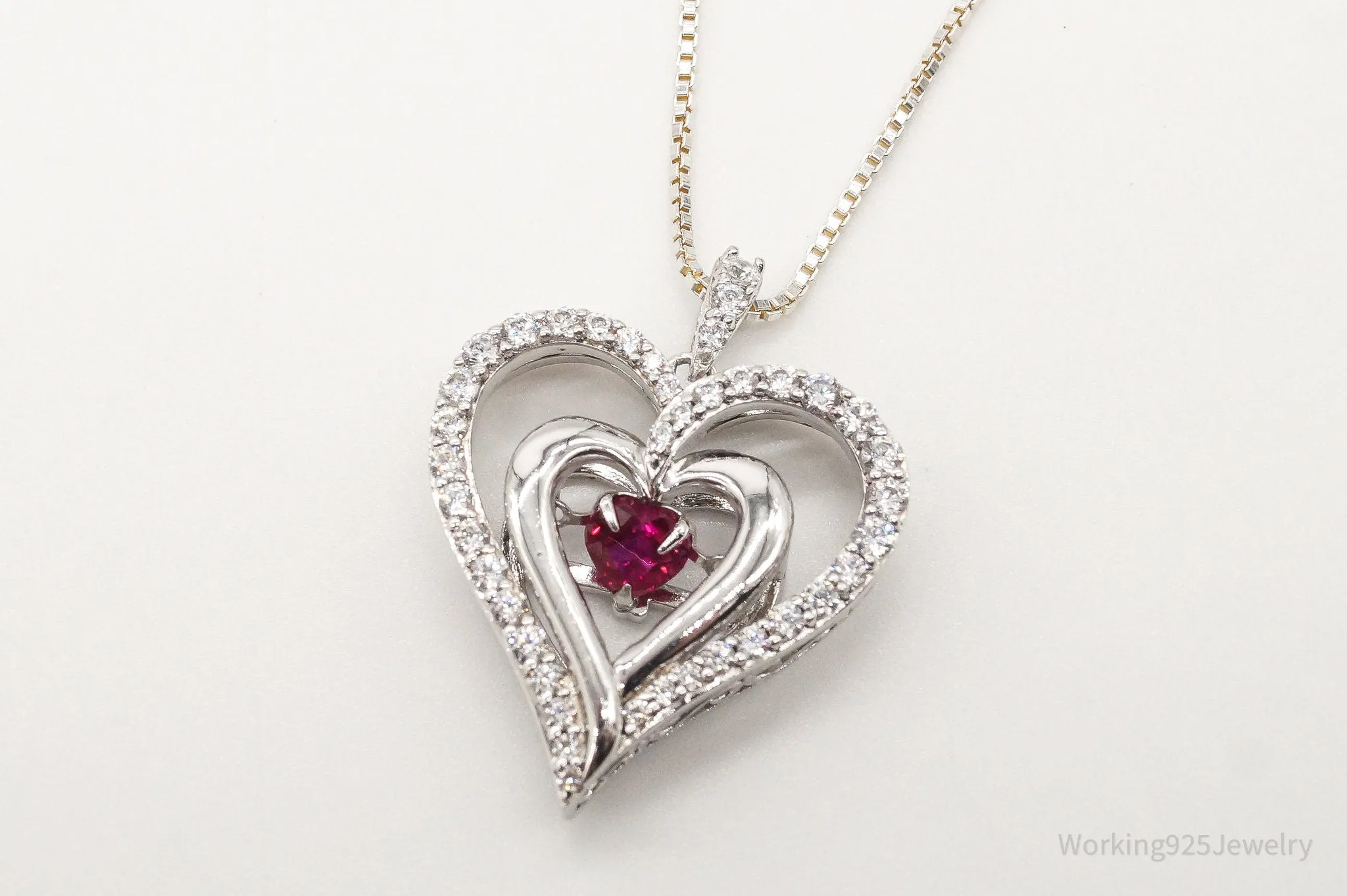 Vintage Designer SUN Ruby Cubic Zirconia Heart Sterling Silver Necklace