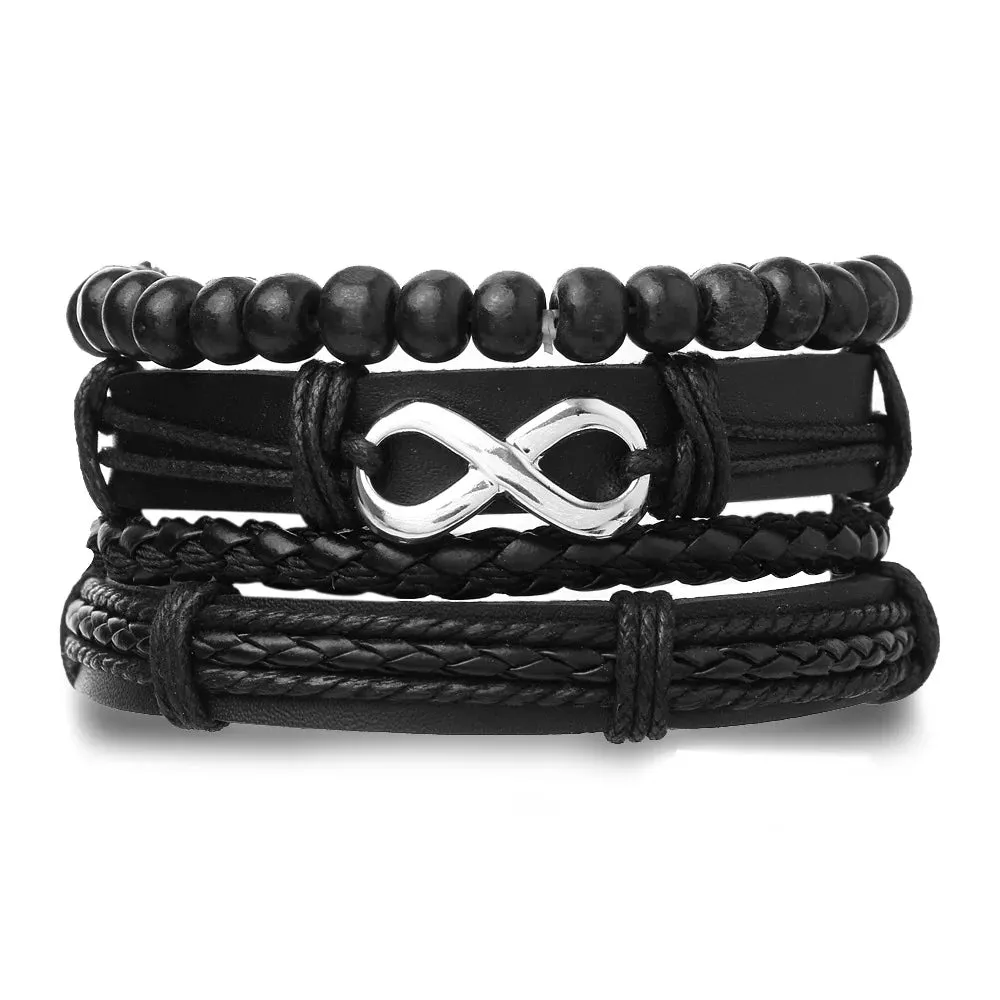 Vintage Leather Braided Wrap Bracelet Set – 4-Piece Boho Style