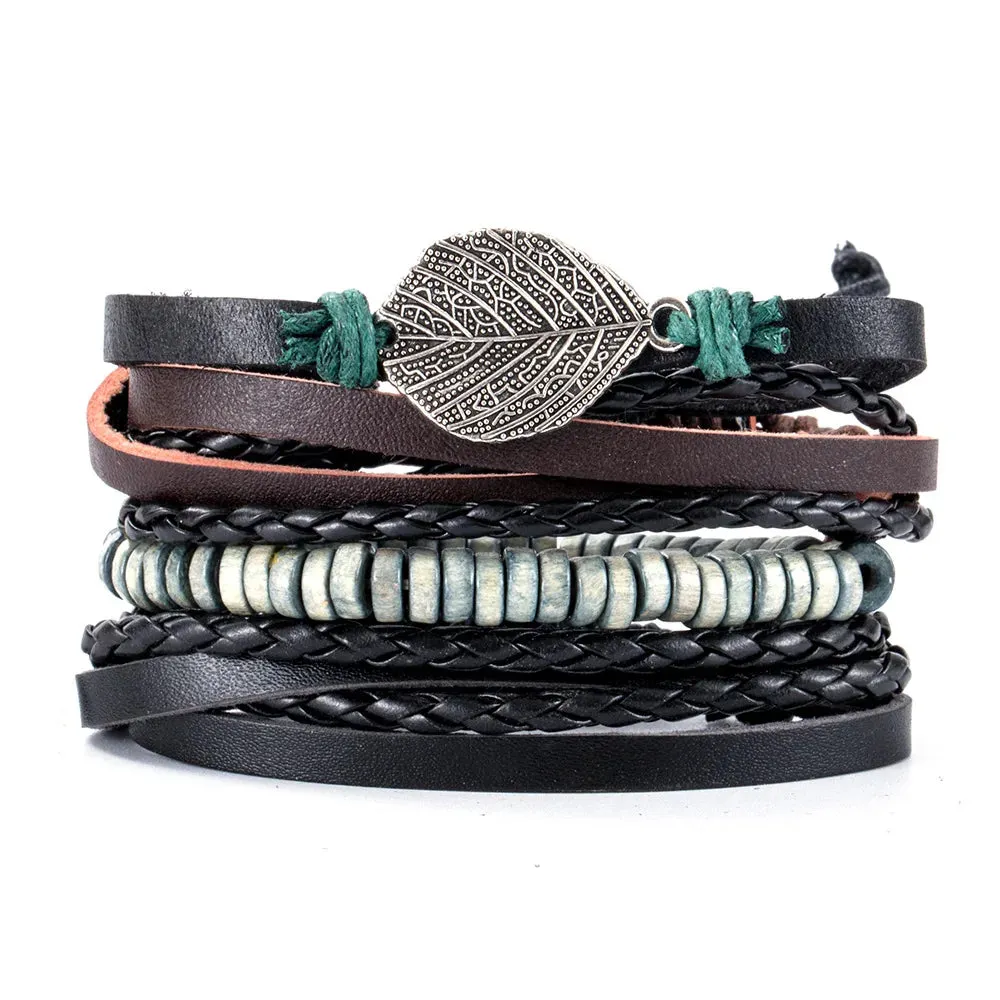 Vintage Leather Braided Wrap Bracelet Set – 4-Piece Boho Style