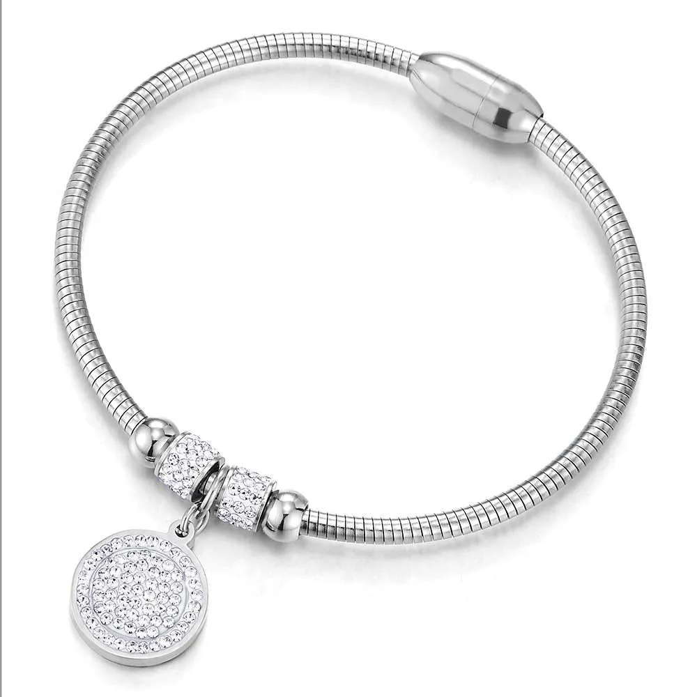 Womens Mens Steel Beads and Cubic Zirconia Charms Bangle Bracelet with Magnetic Clasp, Exquisite