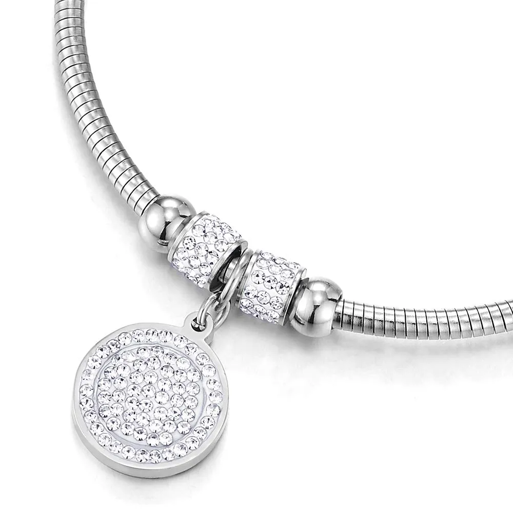 Womens Mens Steel Beads and Cubic Zirconia Charms Bangle Bracelet with Magnetic Clasp, Exquisite