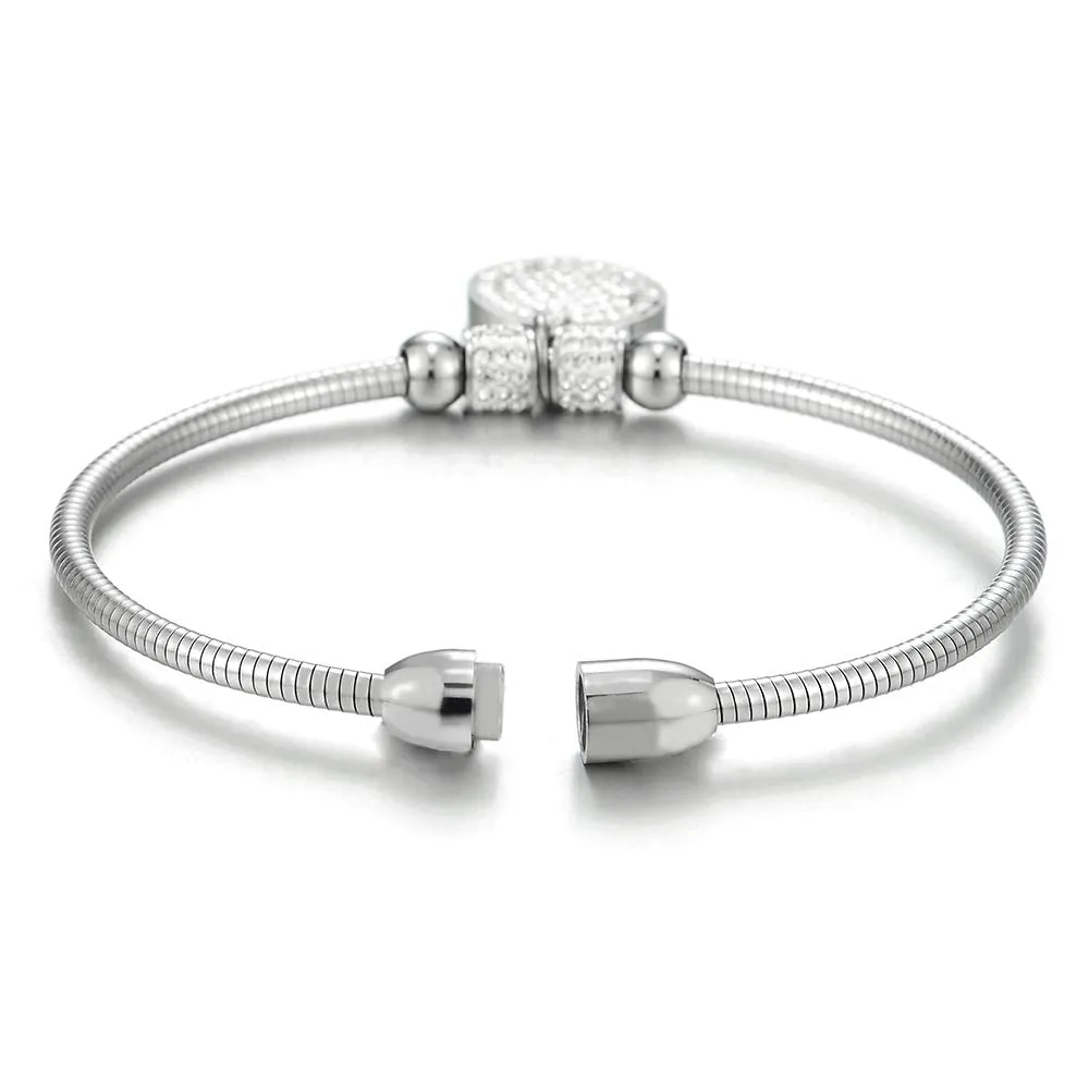 Womens Mens Steel Beads and Cubic Zirconia Charms Bangle Bracelet with Magnetic Clasp, Exquisite