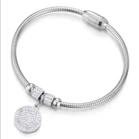 Womens Mens Steel Beads and Cubic Zirconia Charms Bangle Bracelet with Magnetic Clasp, Exquisite